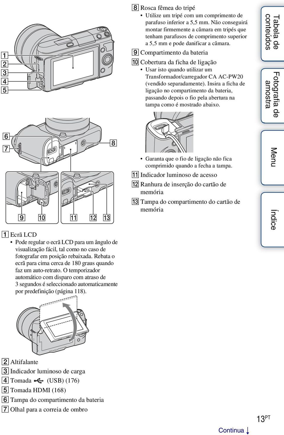 I Compartimento da bateria J Cobertura da ficha de ligação Usar isto quando utilizar um Transformador/carregador CA AC-PW20 (vendido separadamente).