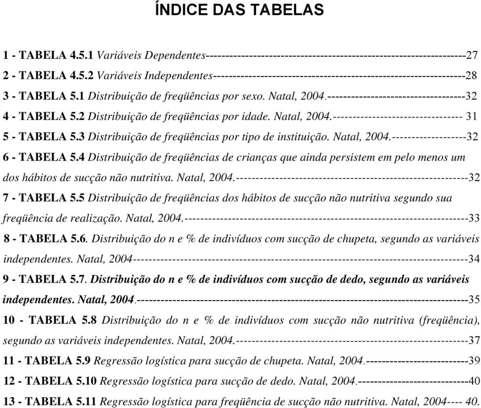 3 Distribuição de freqüências por tipo de instituição. Natal, 2004.-------------------32 6 - TABELA 5.