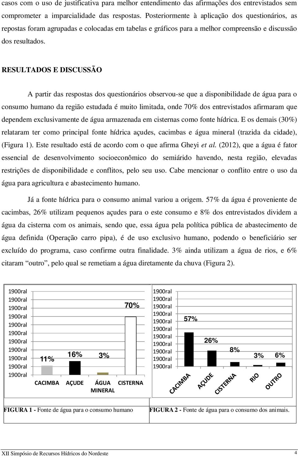 RESULTADOS E DISCUSSÃO A partir das respostas dos questionários observou-se que a disponibilidade de água para o consumo humano da região estudada é muito limitada, onde 70% dos entrevistados