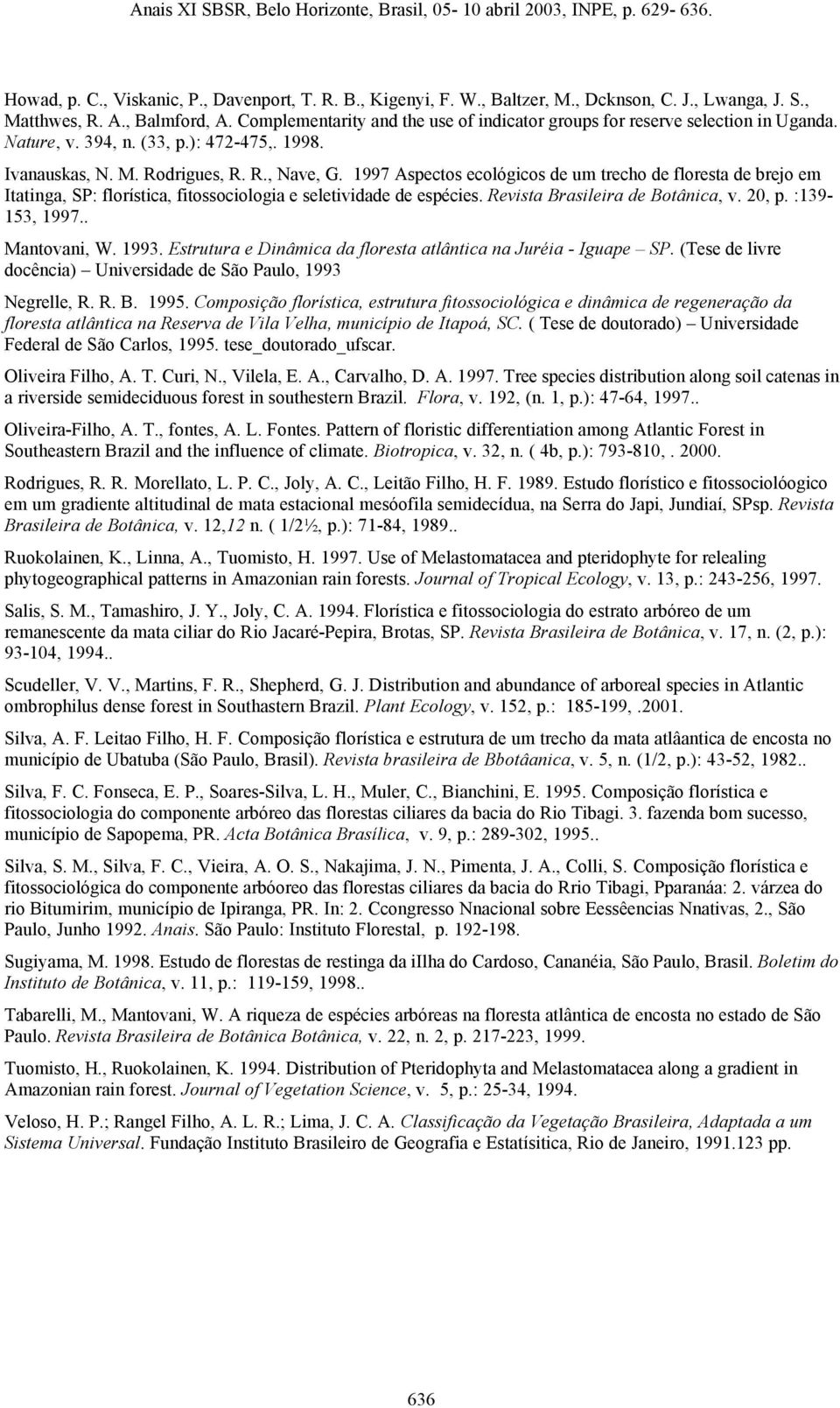 1997 Aspectos ecológicos de um trecho de floresta de brejo em Itatinga, SP: florística, fitossociologia e seletividade de espécies. Revista Brasileira de Botânica, v. 20, p. :139-153, 1997.