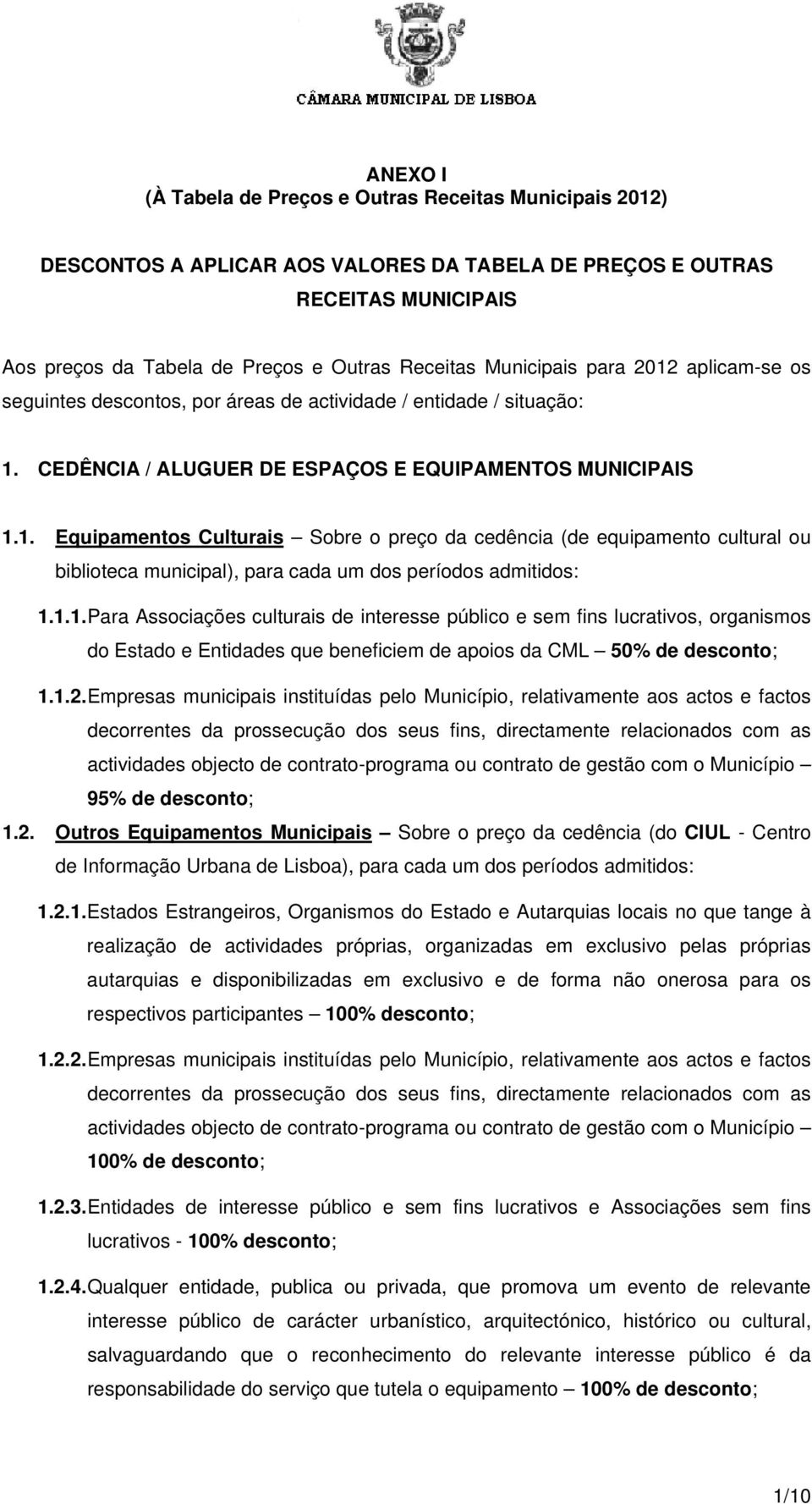 1.1. Para Associações culturais de interesse público e sem fins lucrativos, organismos do Estado e Entidades que beneficiem de apoios da CML 50% de 1.1.2.