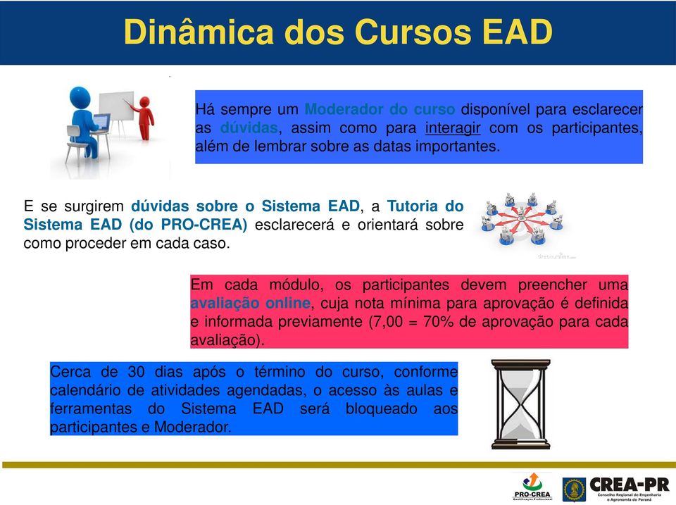 Em cada módulo, os participantes devem preencher uma avaliação online, cuja nota mínima para aprovação é definida e informada previamente (7,00 = 70% de aprovação para cada