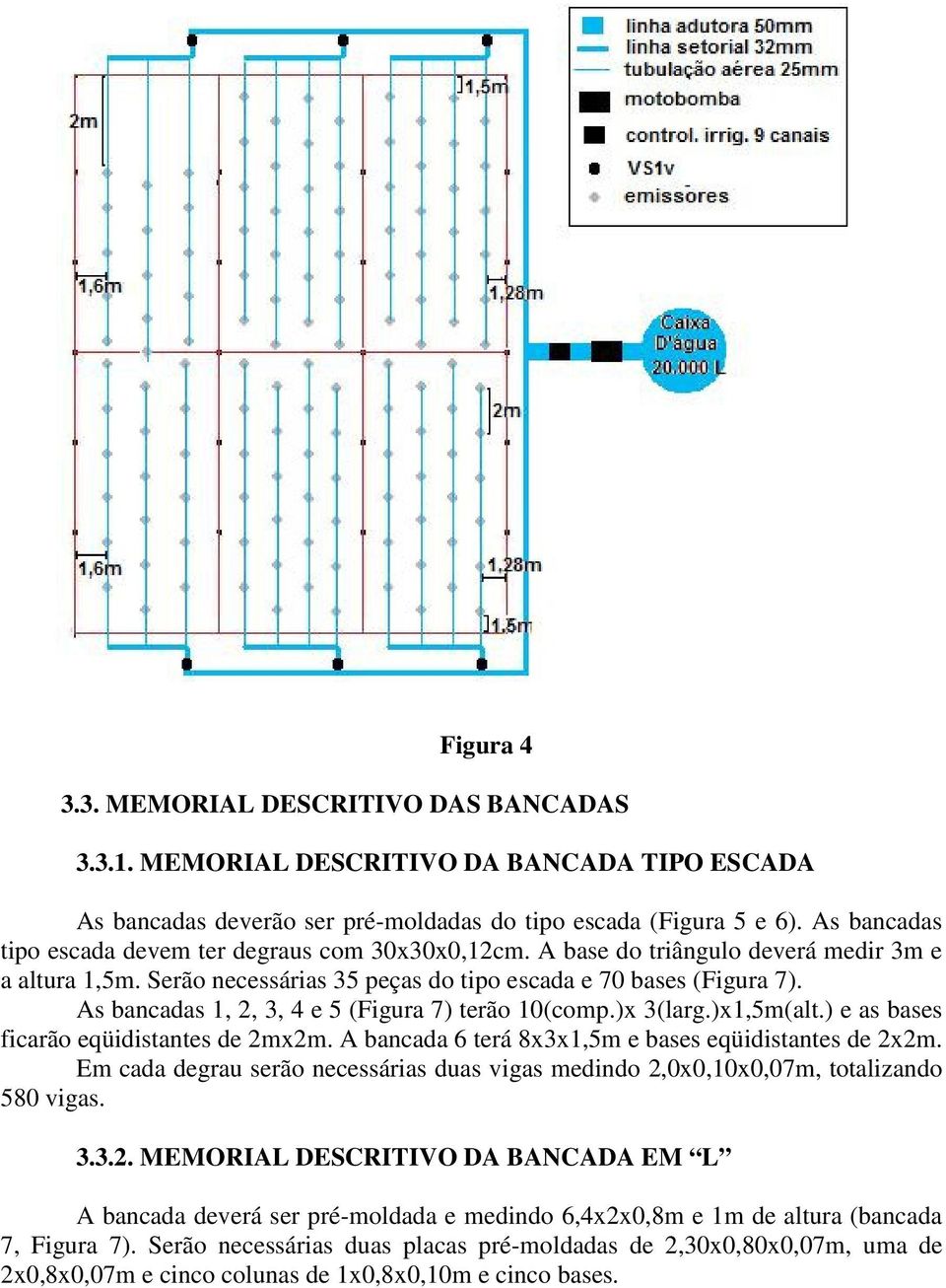 As bancadas 1, 2, 3, 4 e 5 (Figura 7) terão 10(comp.)x 3(larg.)x1,5m(alt.) e as bases ficarão eqüidistantes de 2mx2m. A bancada 6 terá 8x3x1,5m e bases eqüidistantes de 2x2m.