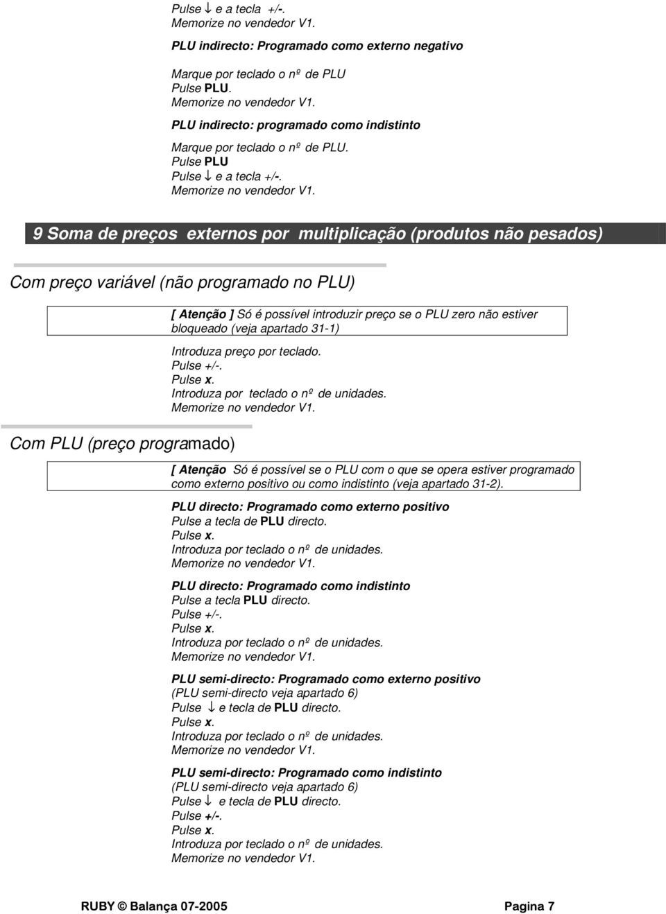 9 Soma de preços externos por multiplicação (produtos não pesados) Com preço variável (não programado no PLU) Com PLU (preço programado) [ Atenção ] Só é possível introduzir preço se o PLU zero não