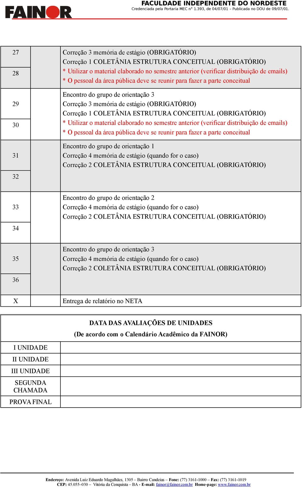 no NETA DATA DAS AVALIAÇÕES DE UNIDADES (De acordo com o Calendário