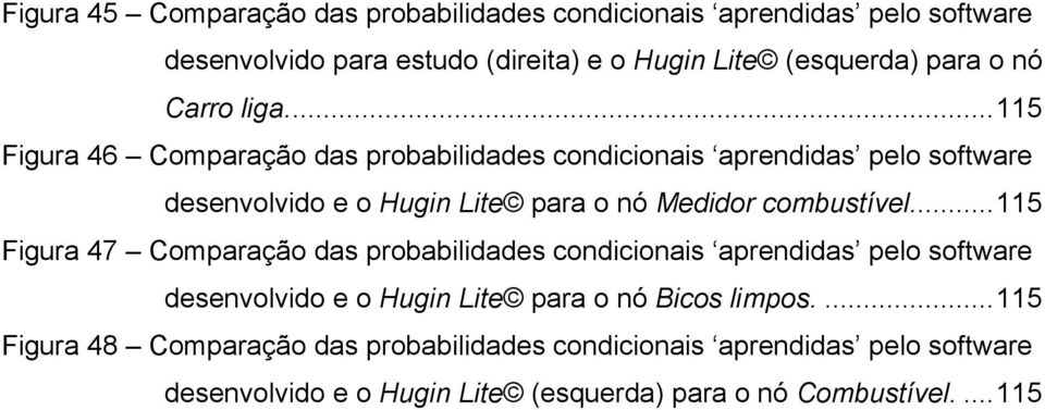 ... 115 Figura 46 Comparação das probabilidades condicionais aprendidas pelo software desenvolvido e o Hugin Lite para o nó Medidor combustível.