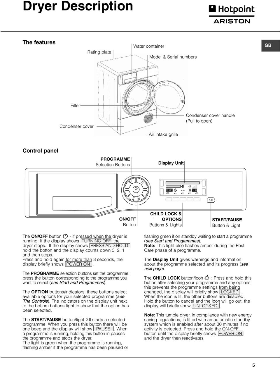 dryer stops. If the display shows PRESS AND HOLD hold the botton and the display counts down 3, 2, 1 and then stops. Press and hold again for more than 3 seconds, the display briefly shows POWER ON.