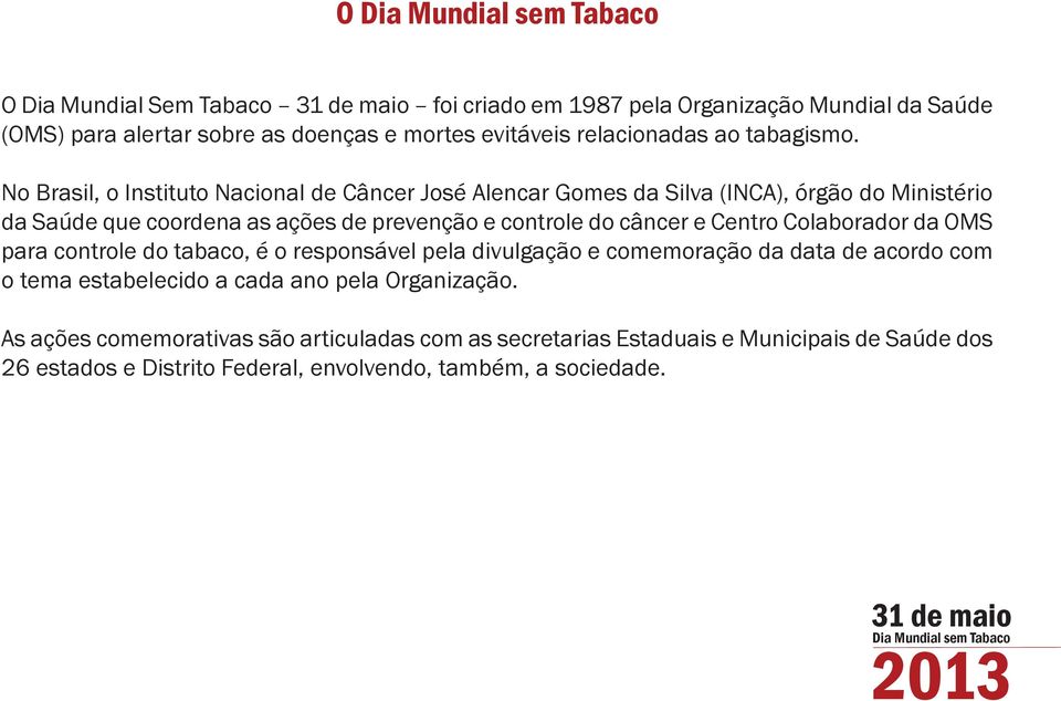 e Centro Colaborador da OMS para controle do tabaco, é o responsável pela divulgação e comemoração da data de acordo com o tema estabelecido a cada ano pela