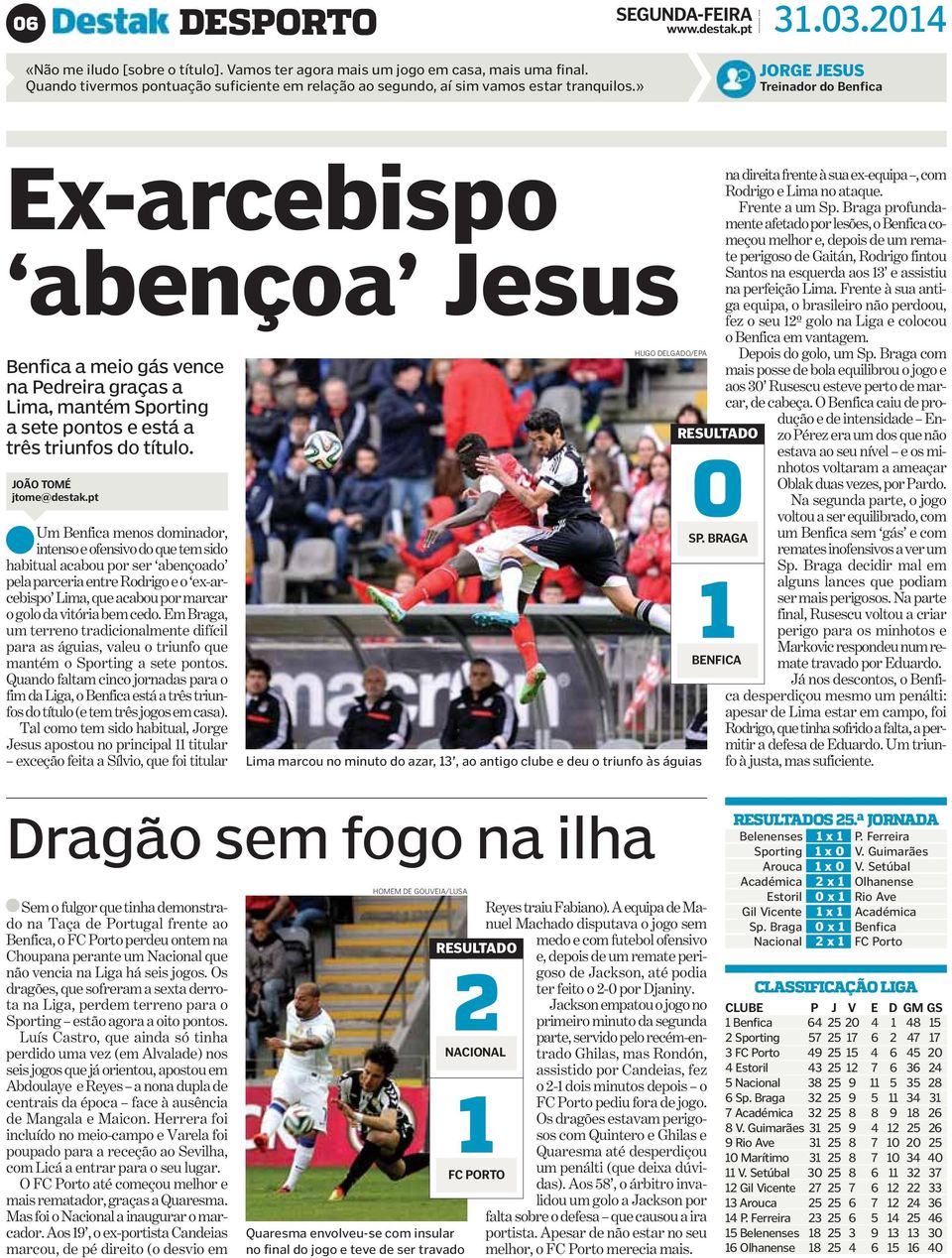 » JORGE JESUS Treinador do Benfica Ex-arcebispo abençoa Jesus Benfica a meio gás vence na Pedreira graças a Lima, mantém Sporting a sete pontos e está a três triunfos do título.