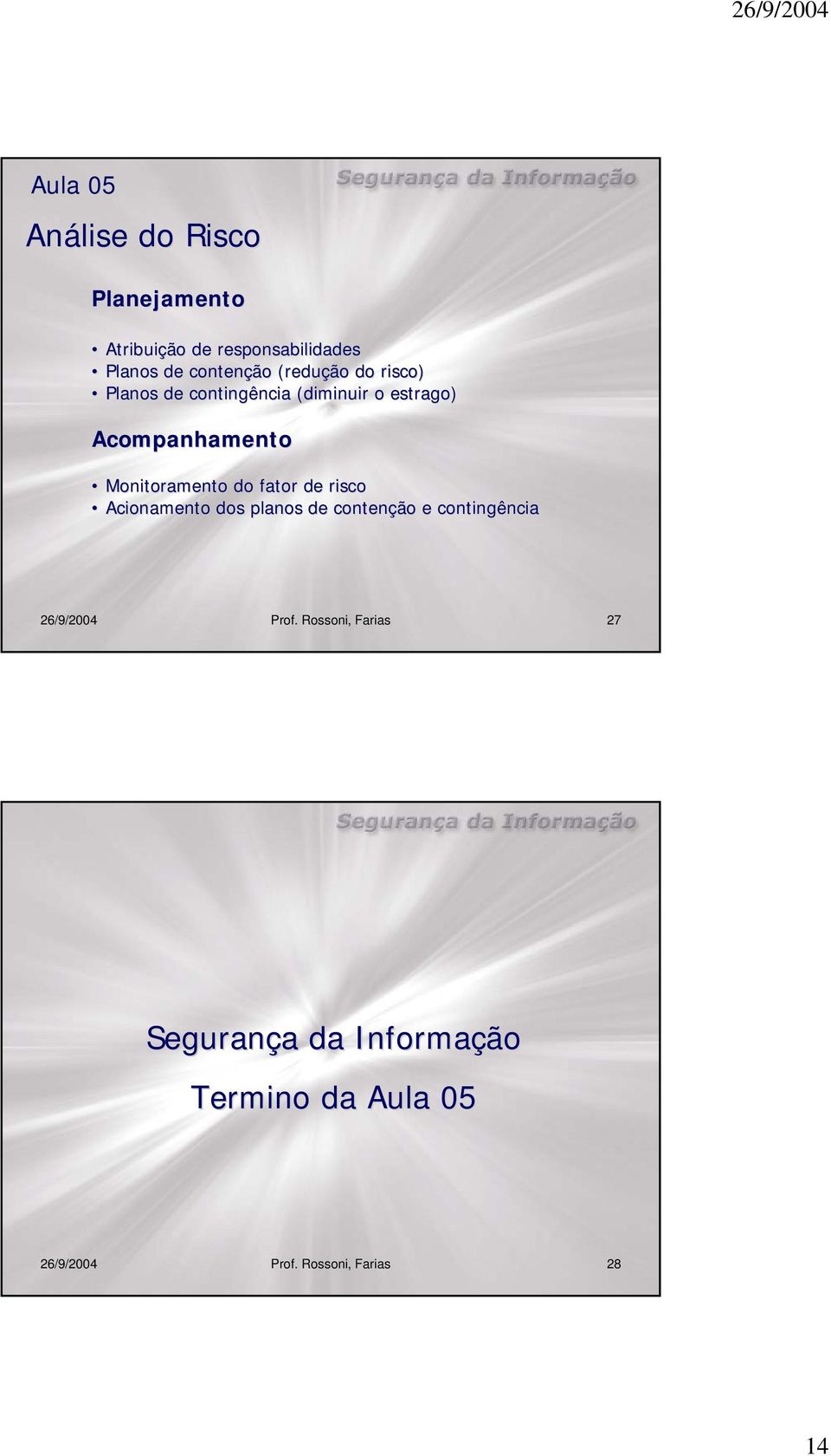 de risco Acionamento dos planos de contenção e contingência 26/9/2004 Prof.