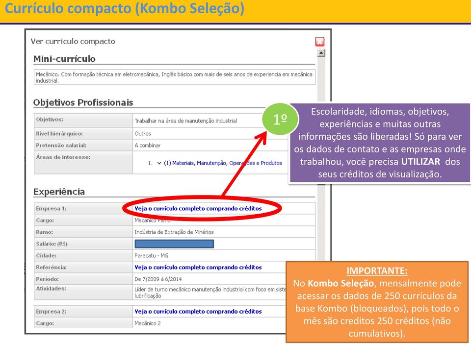 Só para ver os dados de contato e as empresas onde trabalhou, você precisa UTILIZAR dos seus créditos