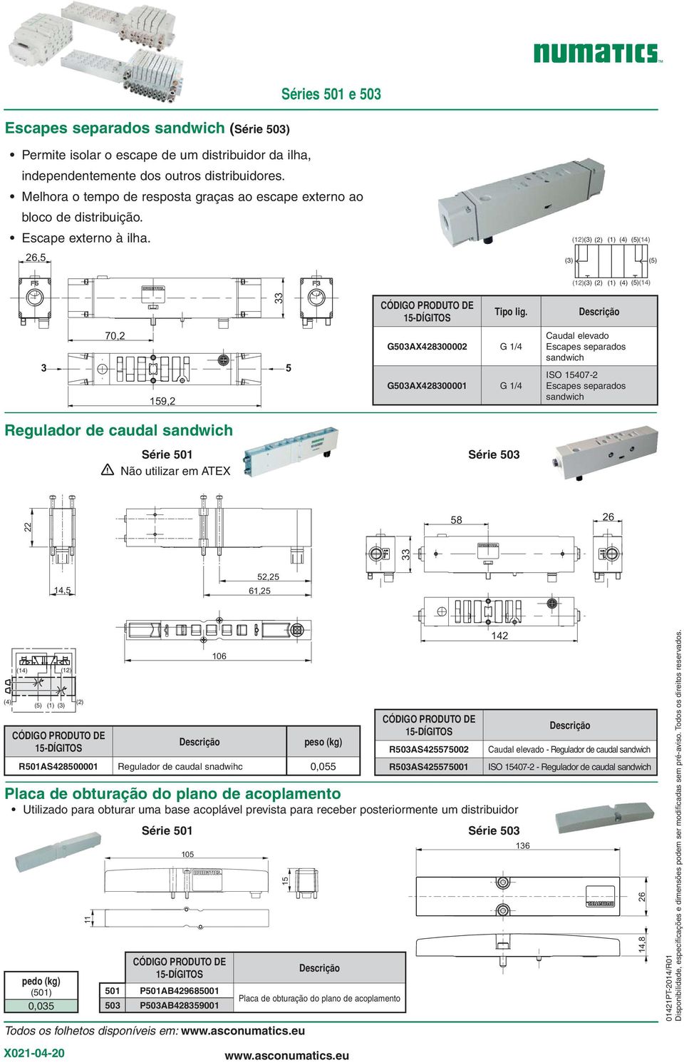 3 70,2 9,2 03X428300002 /4 03X42830000 /4 Caudal elevado Escapes separados sandwich ISO 407-2 Escapes separados sandwich Regulador de caudal sandwich Série 0!