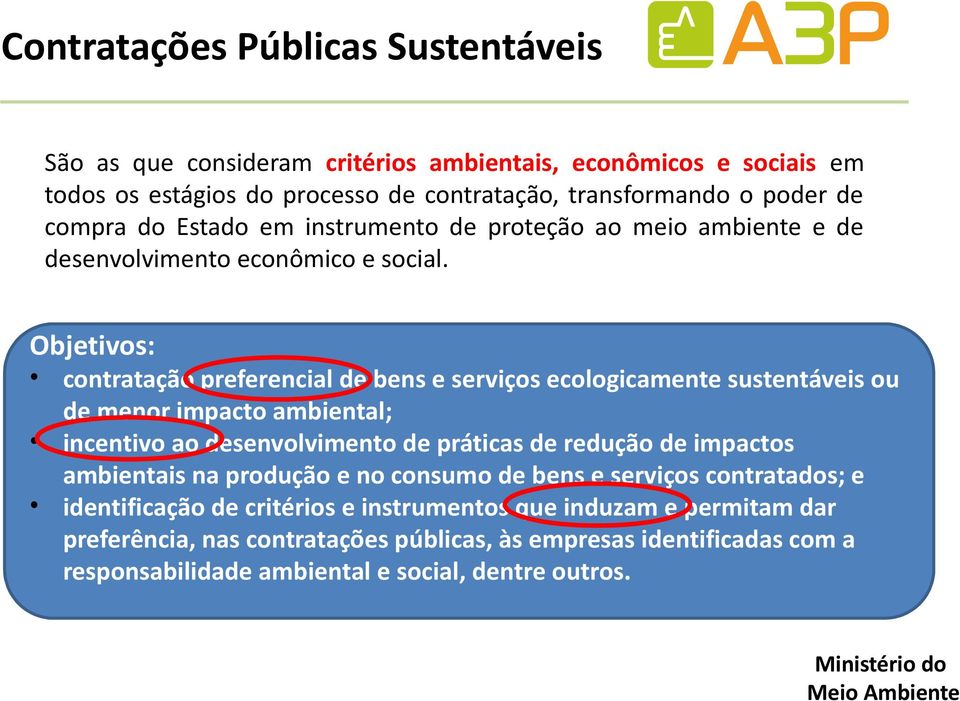 Objetivos: contratação preferencial de bens e serviços ecologicamente sustentáveis ou de menor impacto ambiental; incentivo ao desenvolvimento de práticas de redução de impactos