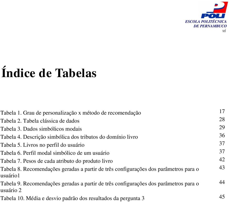 Perfil modal simbólico de um usuário 37 Tabela 7. Pesos de cada atributo do produto livro 42 Tabela 8.