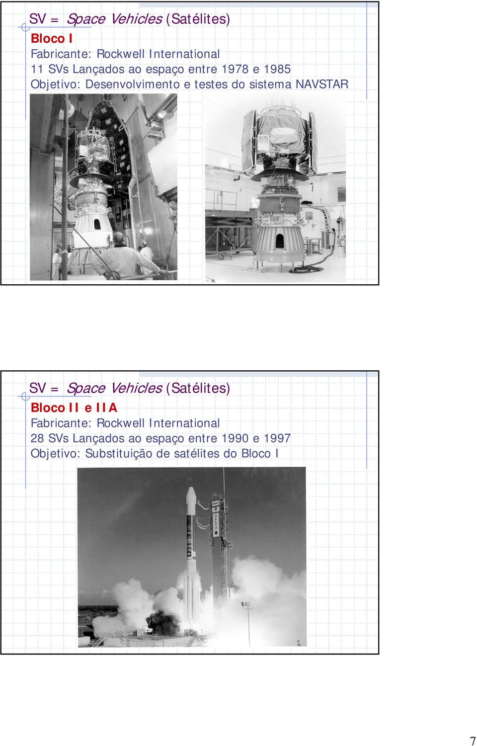 NAVSTAR SV = Space Vehicles (Satélites) Bloco II e IIA Fabricante: Rockwell