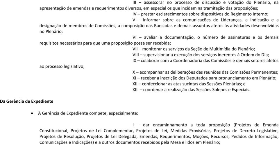 demais assuntos afetos às atividades desenvolvidas no Plenário; VI avaliar a documentação, o número de assinaturas e os demais requisitos necessários para que uma proposição possa ser recebida; VII