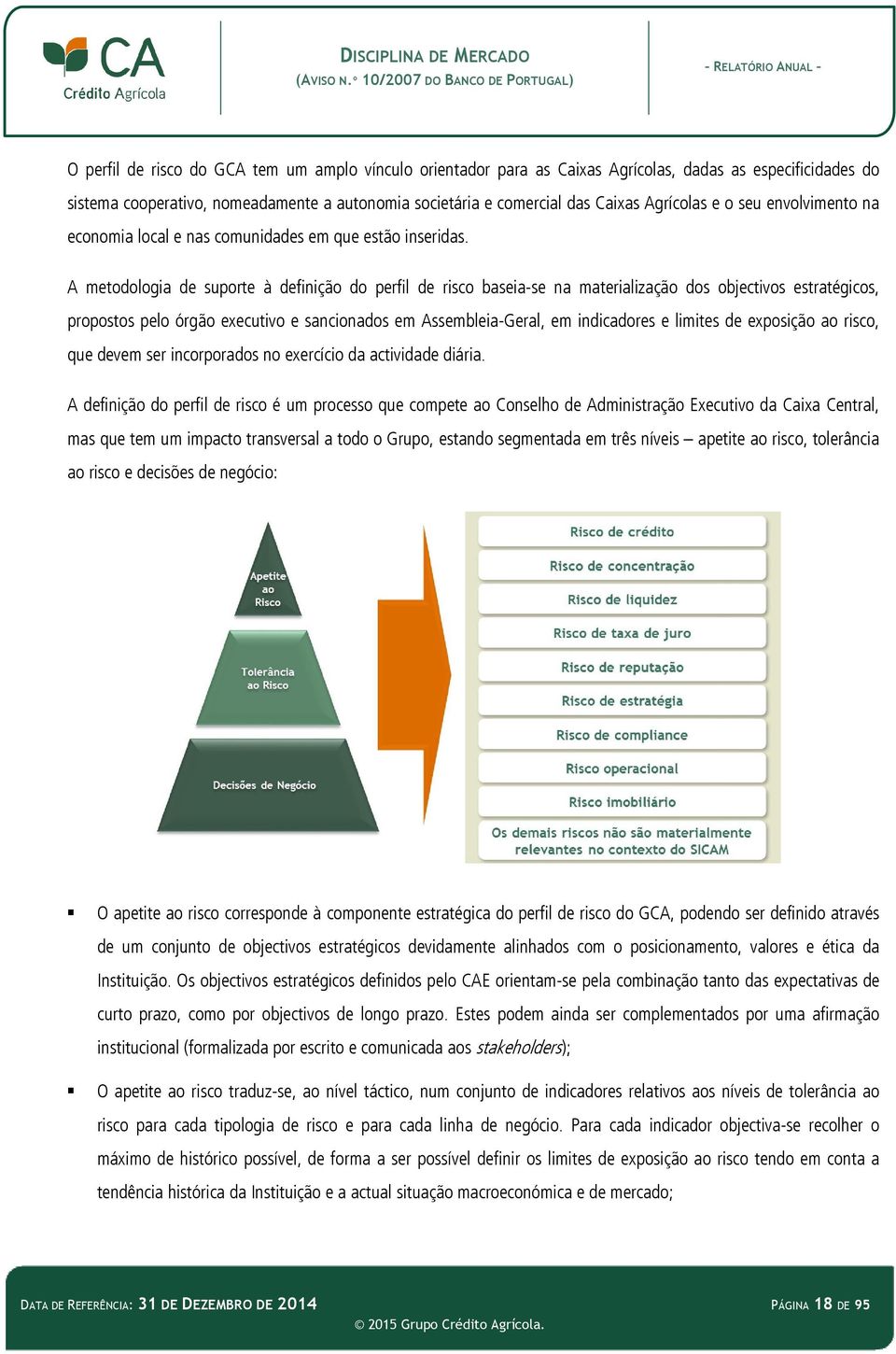 A metodologia de suporte à definição do perfil de risco baseia-se na materialização dos objectivos estratégicos, propostos pelo órgão executivo e sancionados em Assembleia-Geral, em indicadores e