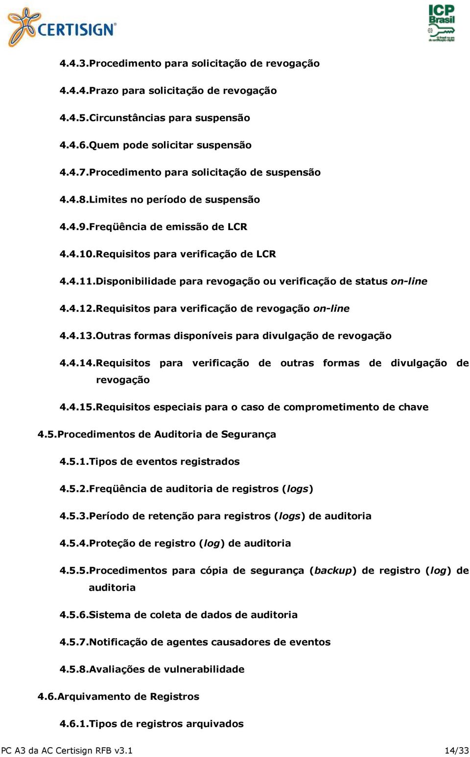 Disponibilidade para revogação ou verificação de status on-line 4.4.12.Requisitos para verificação de revogação on-line 4.4.13.Outras formas disponíveis para divulgação de revogação 4.4.14.