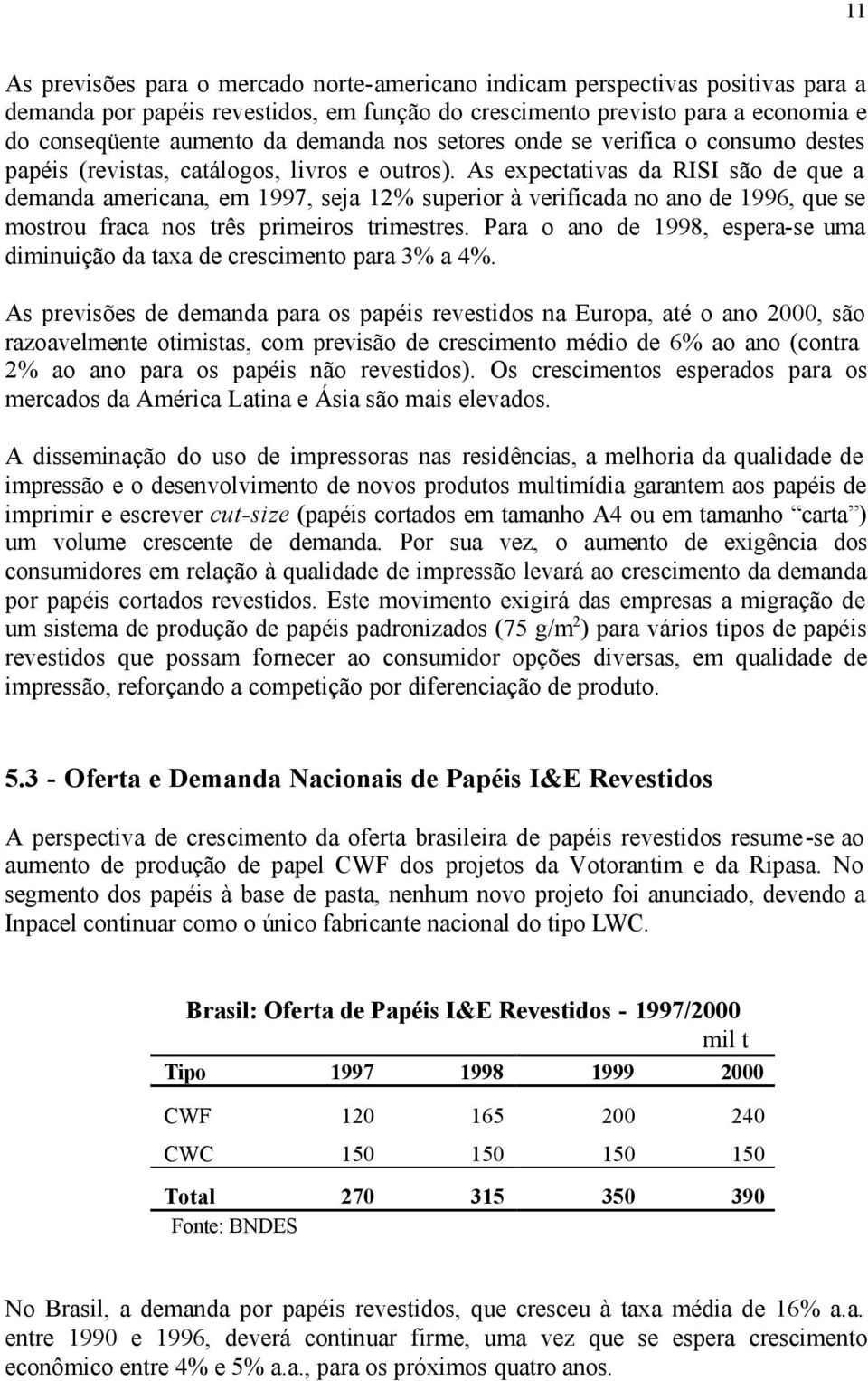 As expectativas da RISI são de que a demanda americana, em 1997, seja 12% superior à verificada no ano de 1996, que se mostrou fraca nos três primeiros trimestres.