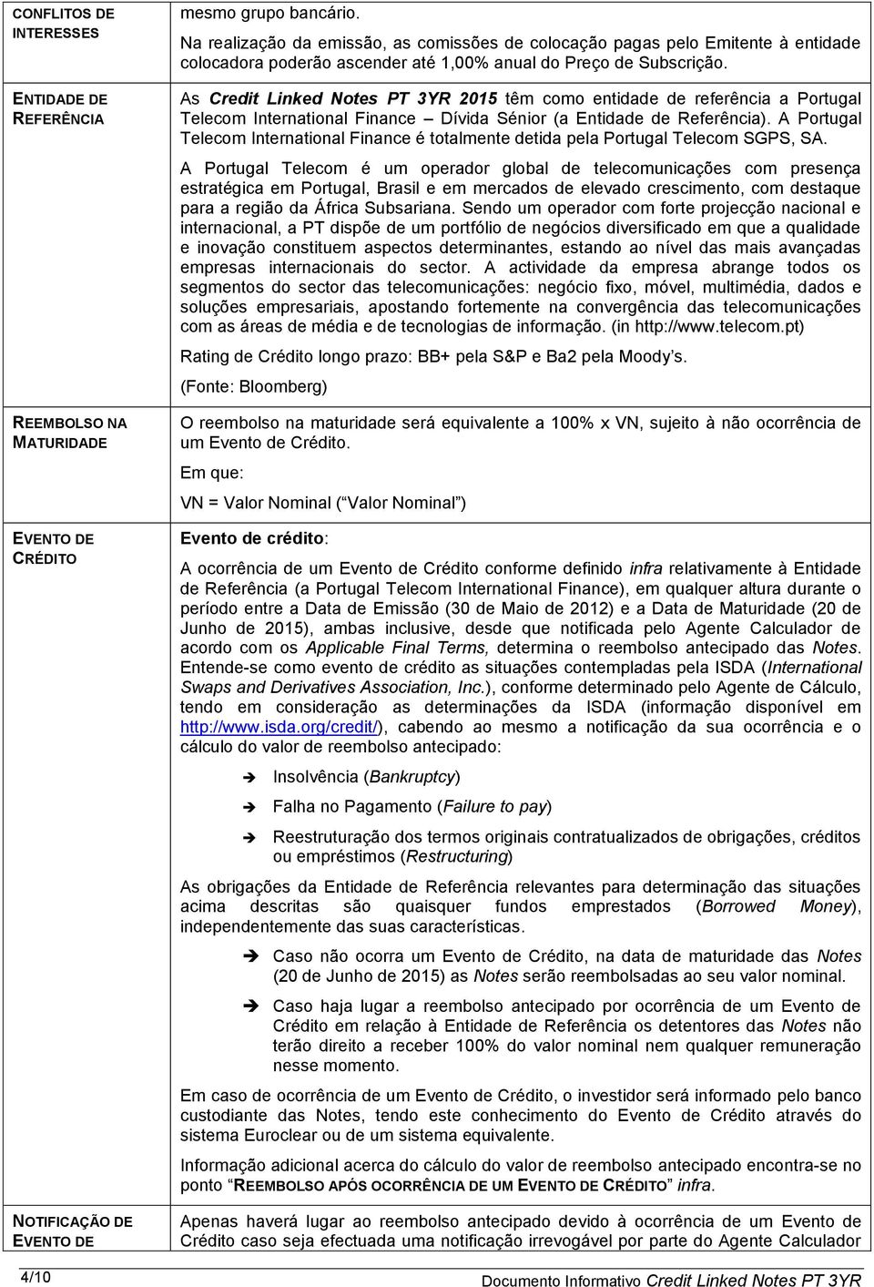 As Credit Linked Notes PT 3YR 2015 têm como entidade de referência a Portugal Telecom International Finance Dívida Sénior (a Entidade de Referência).