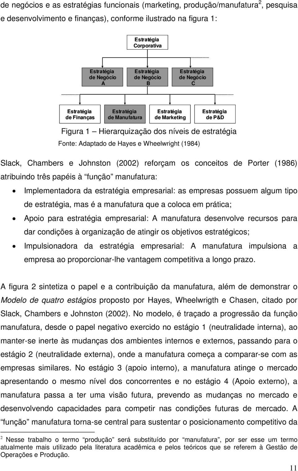 Porter (1986) atribuindo três papéis à função manufatura: Implementadora da estratégia empresarial: as empresas possuem algum tipo de estratégia, mas é a manufatura que a coloca em prática; Apoio