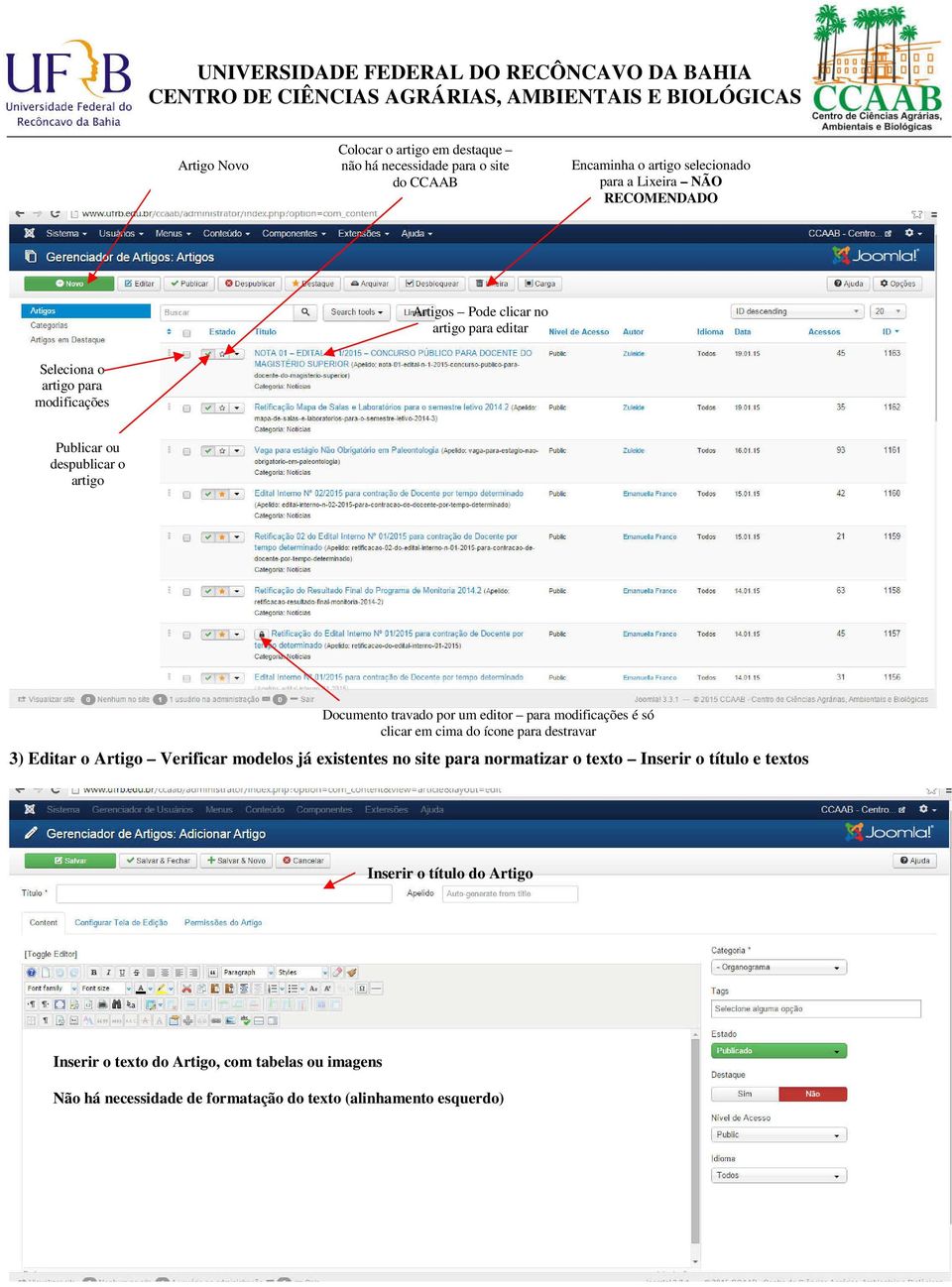 modificações é só clicar em cima do ícone para destravar 3) Editar o Artigo Verificar modelos já existentes no site para normatizar o texto Inserir o