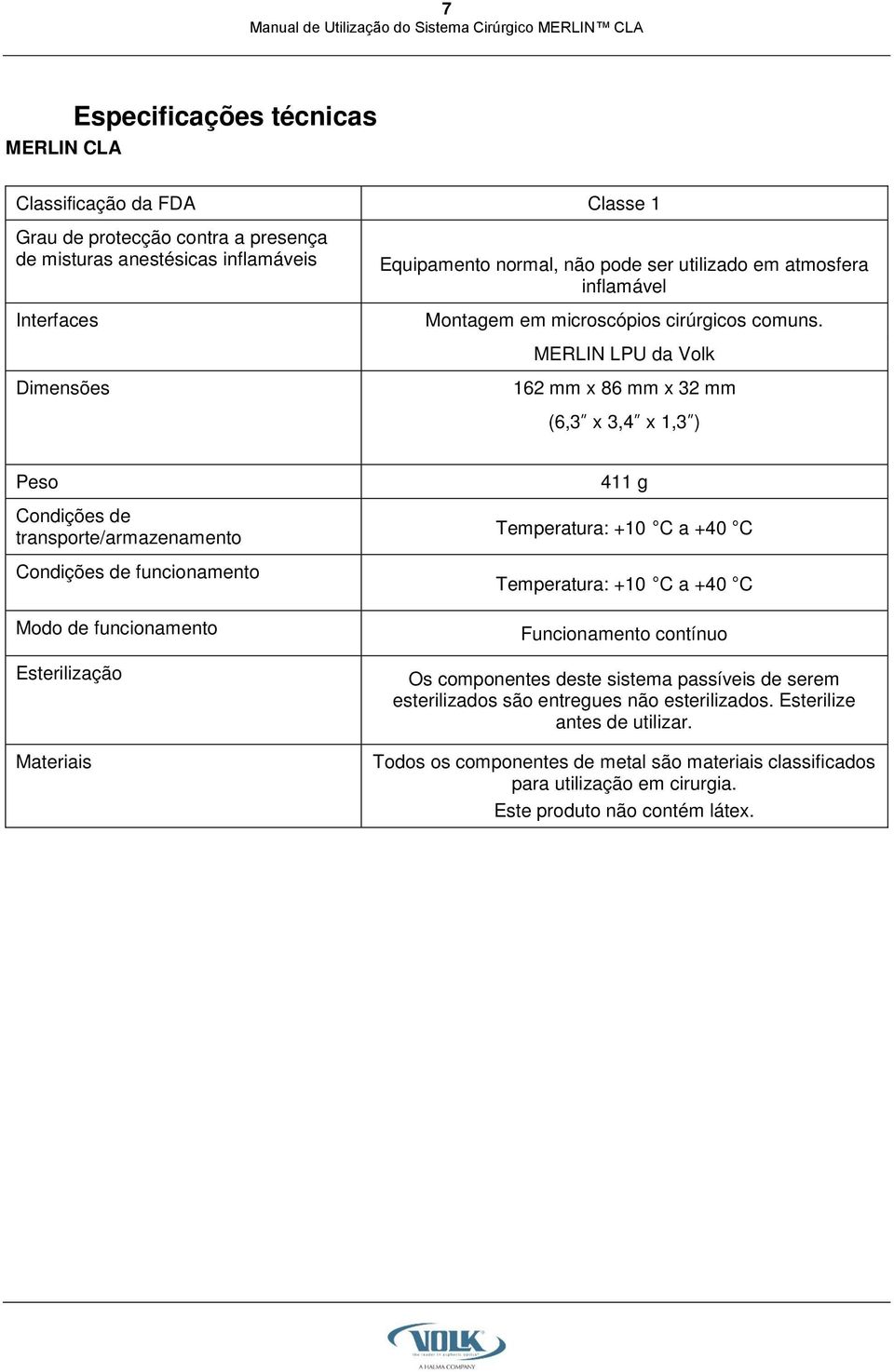 MERLIN LPU da Vlk Dimensões 162 mm x 86 mm x 32 mm (6,3 x 3,4 x 1,3 ) Pes Cndições de transprte/armazenament Cndições de funcinament Md de funcinament Esterilizaçã Materiais 411 g