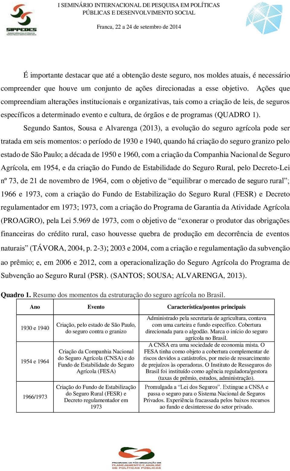 Segundo Santos, Sousa e Alvarenga (2013), a evolução do seguro agrícola pode ser tratada em seis momentos: o período de 1930 e 1940, quando há criação do seguro granizo pelo estado de São Paulo; a