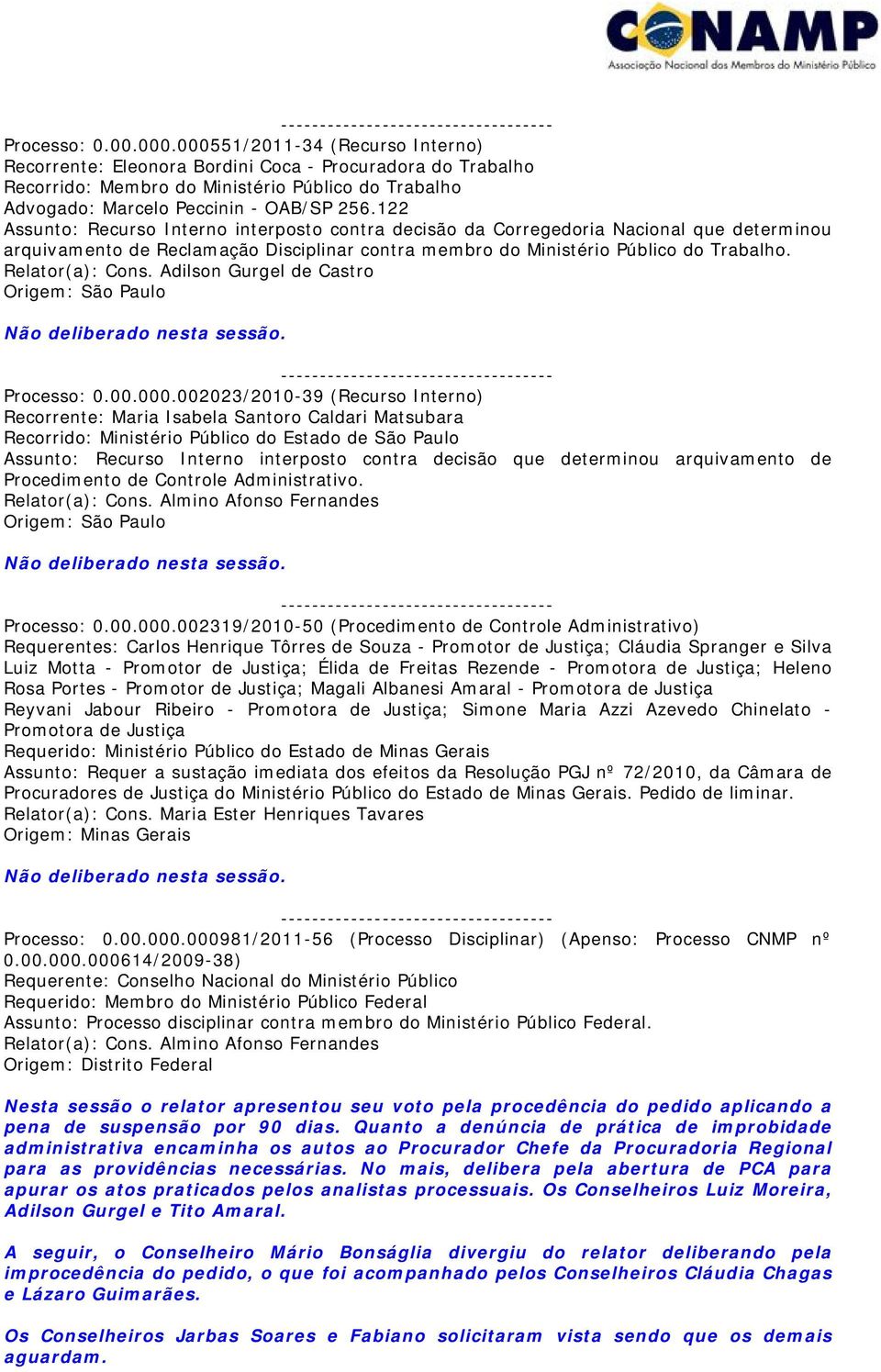 122 Assunto: Recurso Interno interposto contra decisão da Corregedoria Nacional que determinou arquivamento de Reclamação Disciplinar contra membro do Ministério Público do Trabalho. Relator(a): Cons.