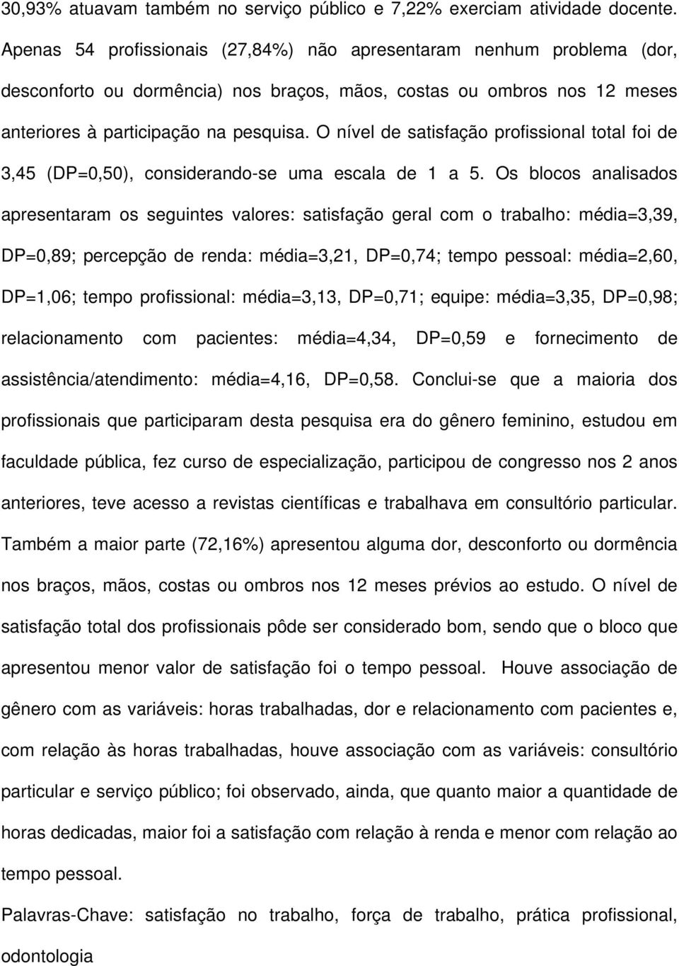 O nível de satisfação profissional total foi de 3,45 (DP=0,50), considerando-se uma escala de 1 a 5.