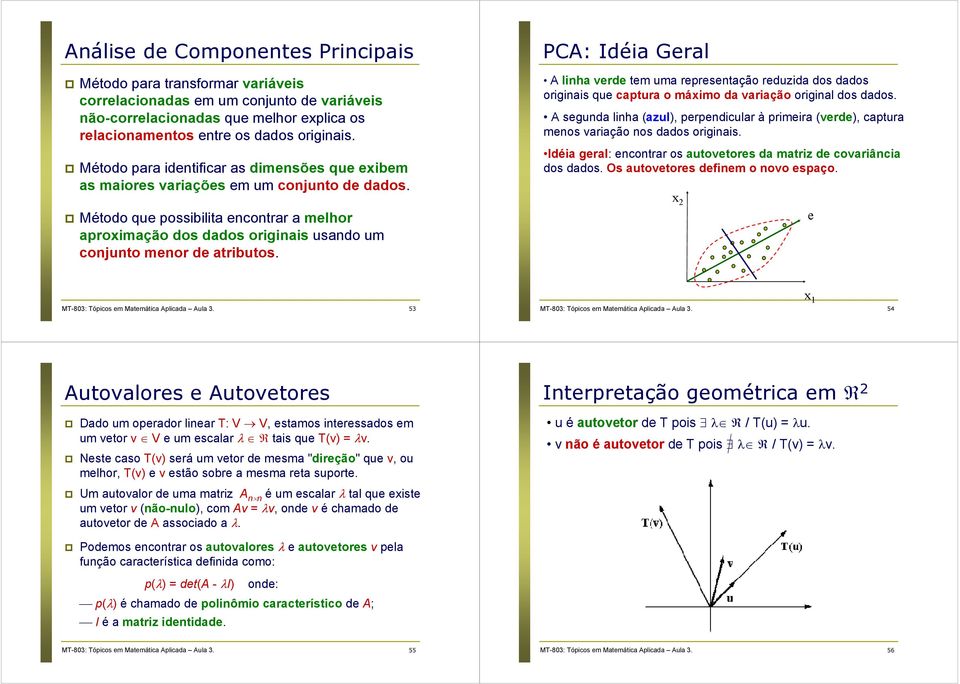 atributos PCA: Idéia Geral A linha verde tem uma representação reduzida dos dados originais que captura o máximo da variação original dos dados A segunda linha (azul), perpendicular à primeira