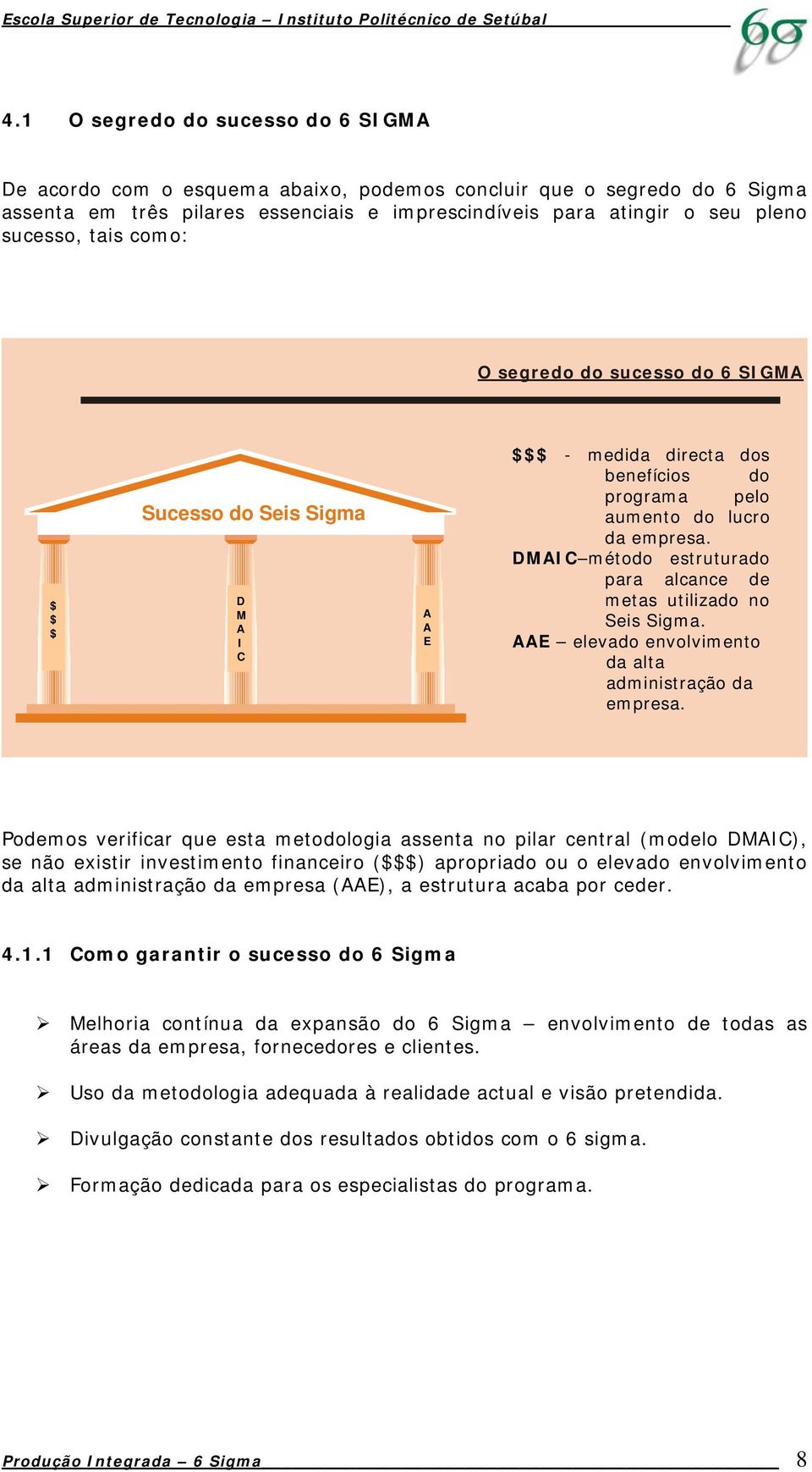 DMAIC método estruturado para alcance de metas utilizado no Seis Sigma. AAE elevado envolvimento da alta administração da empresa.