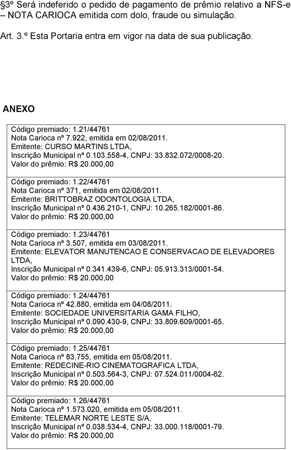 Emitente: BRITTOBRAZ ODONTOLOGIA LTDA, Inscrição Municipal nº 0.436.210-1, CNPJ: 10.265.182/0001-86. Código premiado: 1.23/44761 Nota Carioca nº 3.507, emitida em 03/08/2011.