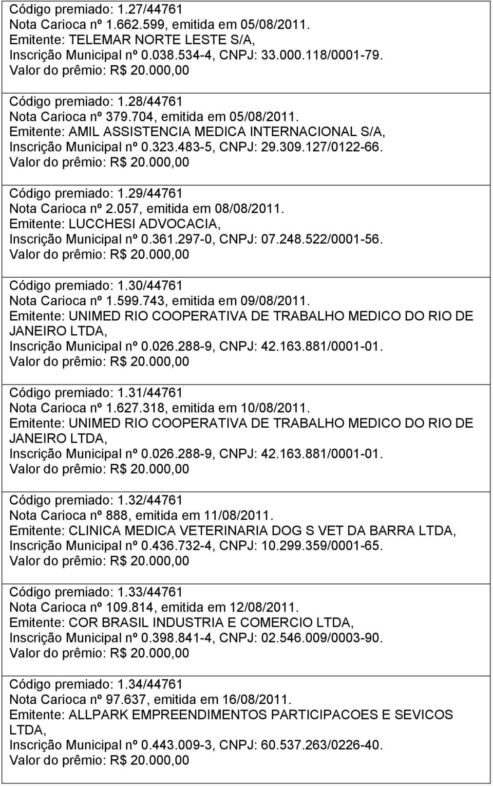 29/44761 Nota Carioca nº 2.057, emitida em 08/08/2011. Emitente: LUCCHESI ADVOCACIA, Inscrição Municipal nº 0.361.297-0, CNPJ: 07.248.522/0001-56. Código premiado: 1.30/44761 Nota Carioca nº 1.599.