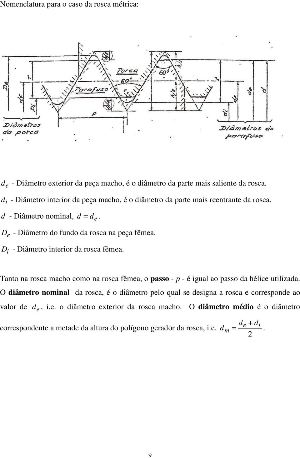 D i - Diâmetro interior da rosca fêmea. Tanto na rosca macho como na rosca fêmea, o passo - p - é igual ao passo da hélice utilizada.