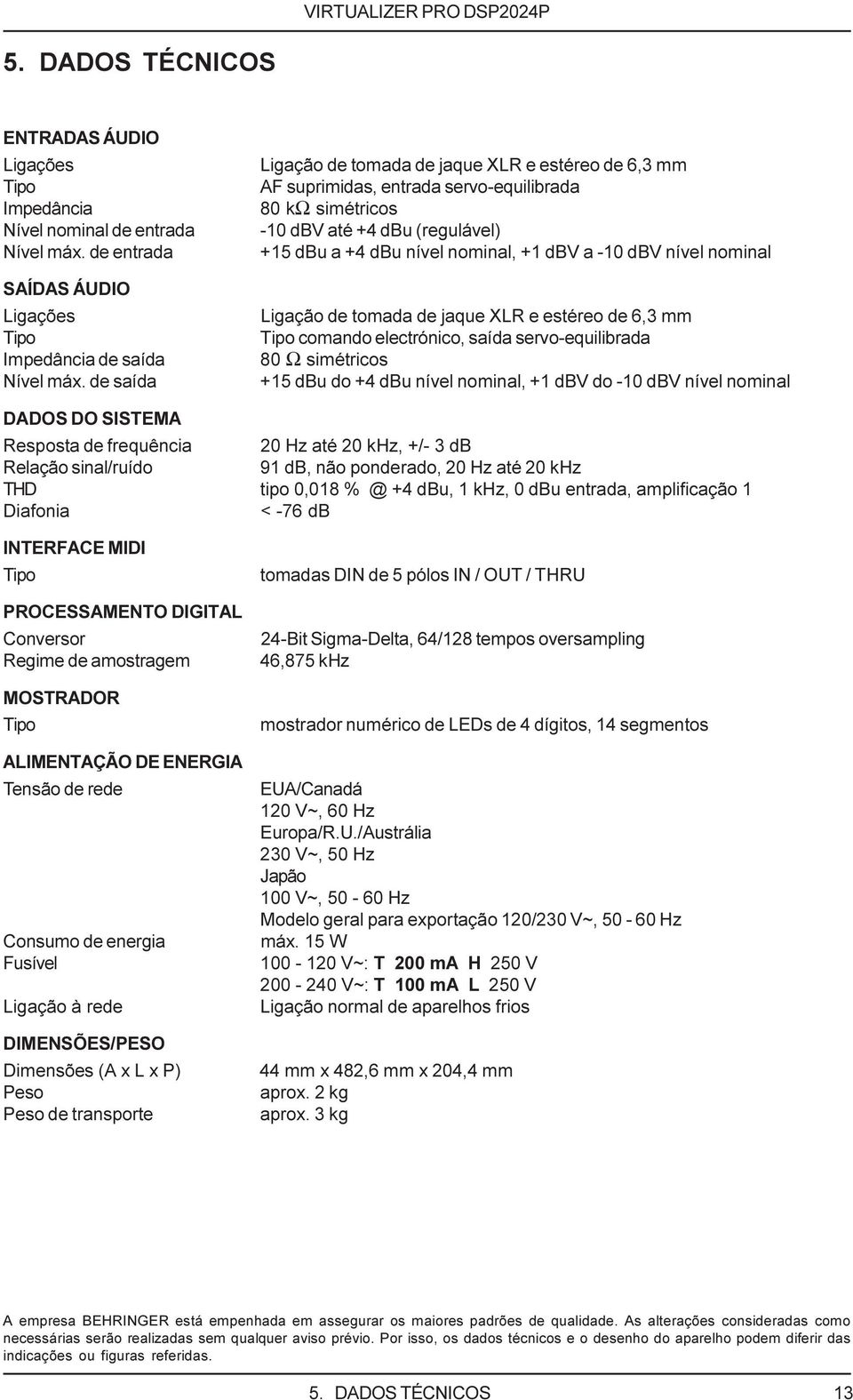 nível nominal Ligação de tomada de jaque XLR e estéreo de 6,3 mm Tipo comando electrónico, saída servo-equilibrada 80 Ω simétricos +15 dbu do +4 dbu nível nominal, +1 dbv do -10 dbv nível nominal