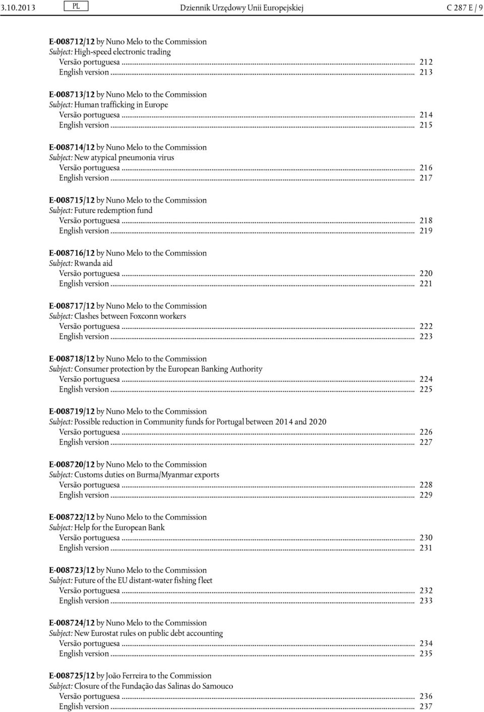 .. 215 E-008714/12 by Nuno Melo to the Commission Subject: New atypical pneumonia virus Versão portuguesa... 216 English version.