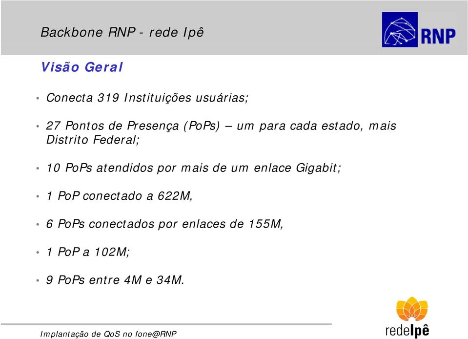 PoPs atendidos por mais de um enlace Gigabit; 1 PoP conectado a 622M, 6