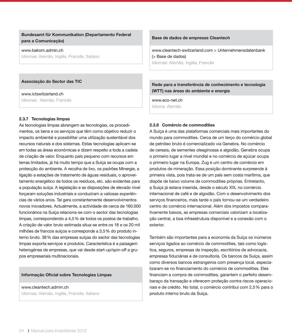 ch Idiomas: Alemão, Francês Rede para a transferência de conhecimento e tecnologia (WTT) nas áreas do ambiente e energia www.eco-net.ch Idioma: Alemão 2.3.