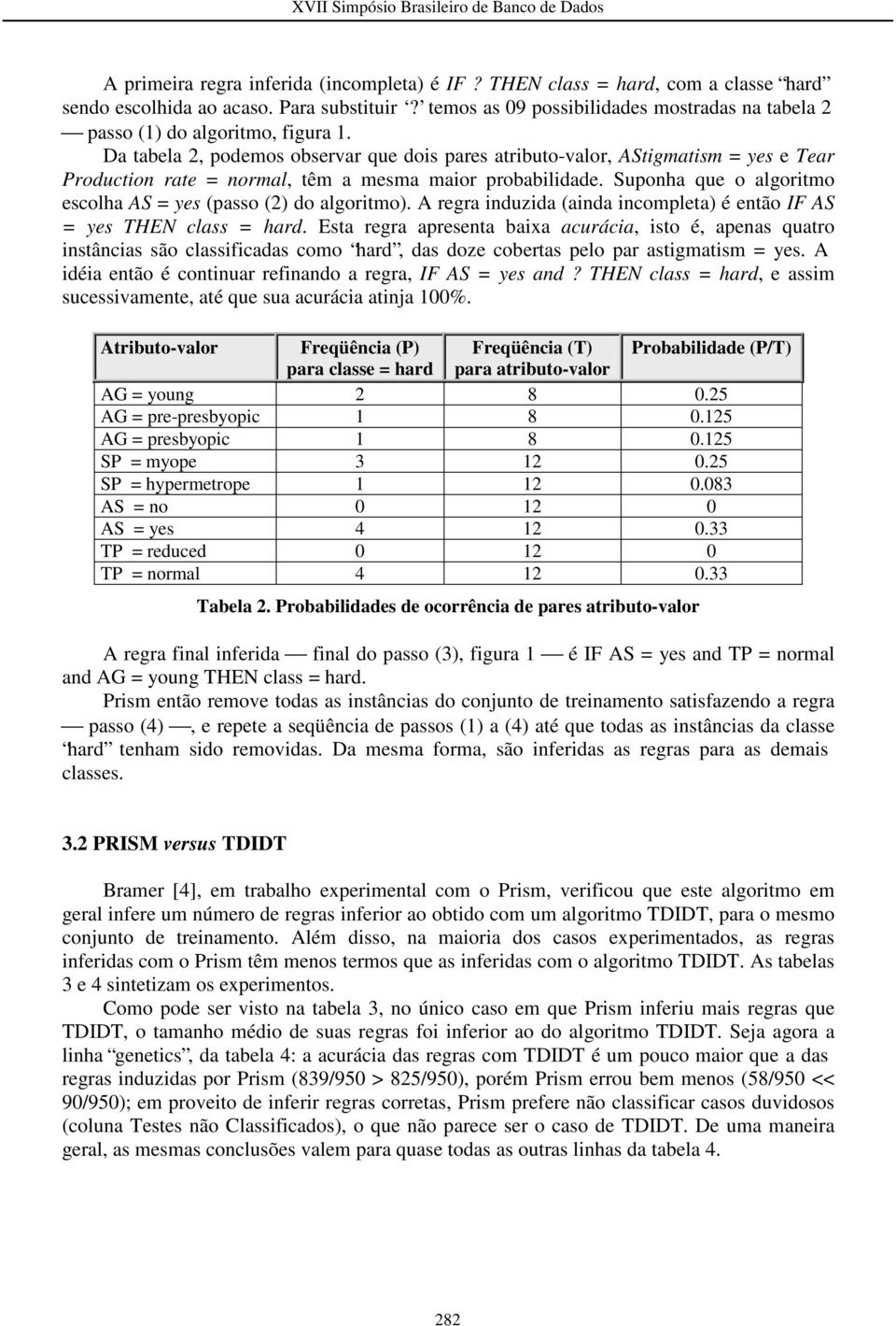 Da tabela 2, podemos observar que dois pares atributo-valor, AStigmatism = yes e Tear Production rate = normal, têm a mesma maior probabilidade.