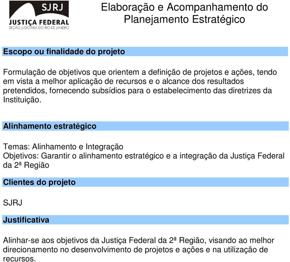 Temas: Alinhamento e Integração Objetivos: Garantir o alinhamento estratégico e a integração da Justiça Federal da 2ª Região SJRJ Alinhar-se