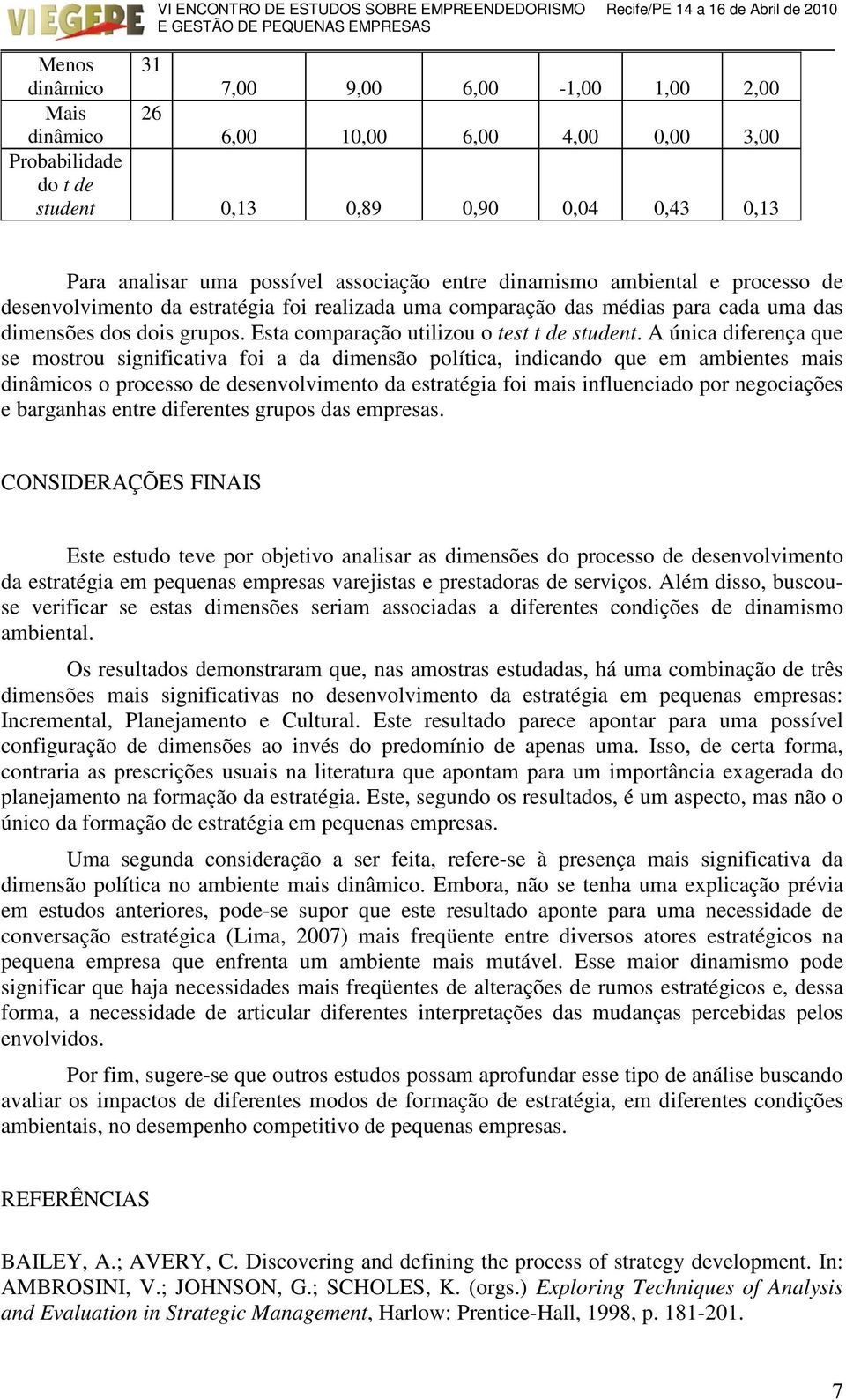 A única diferença que se mostrou significativa foi a da dimensão política, indicando que em ambientes mais dinâmicos o processo de desenvolvimento da estratégia foi mais influenciado por negociações