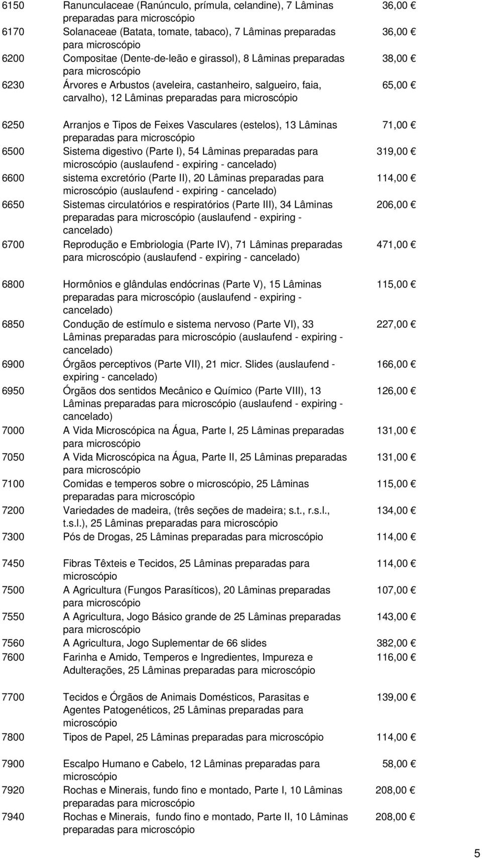 Tipos de Feixes Vasculares (estelos), 13 Lâminas preparadas para microscópio 6500 Sistema digestivo (Parte I), 54 Lâminas preparadas para microscópio (auslaufend - expiring - cancelado) 6600 sistema