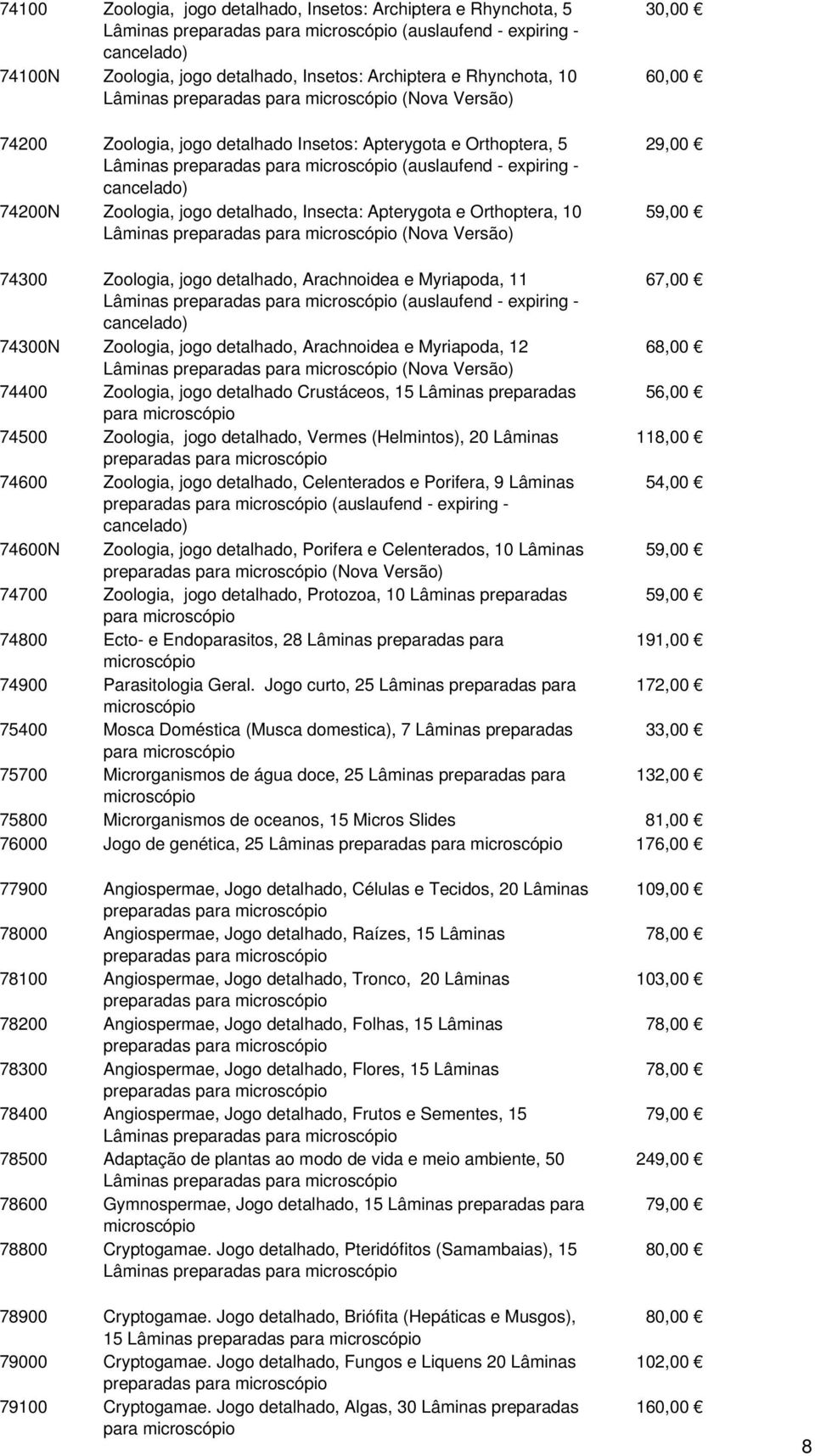 cancelado) 74200N Zoologia, jogo detalhado, Insecta: Apterygota e Orthoptera, 10 Lâminas preparadas para microscópio (Nova Versão) 30,00 60,00 29,00 59,00 74300 Zoologia, jogo detalhado, Arachnoidea