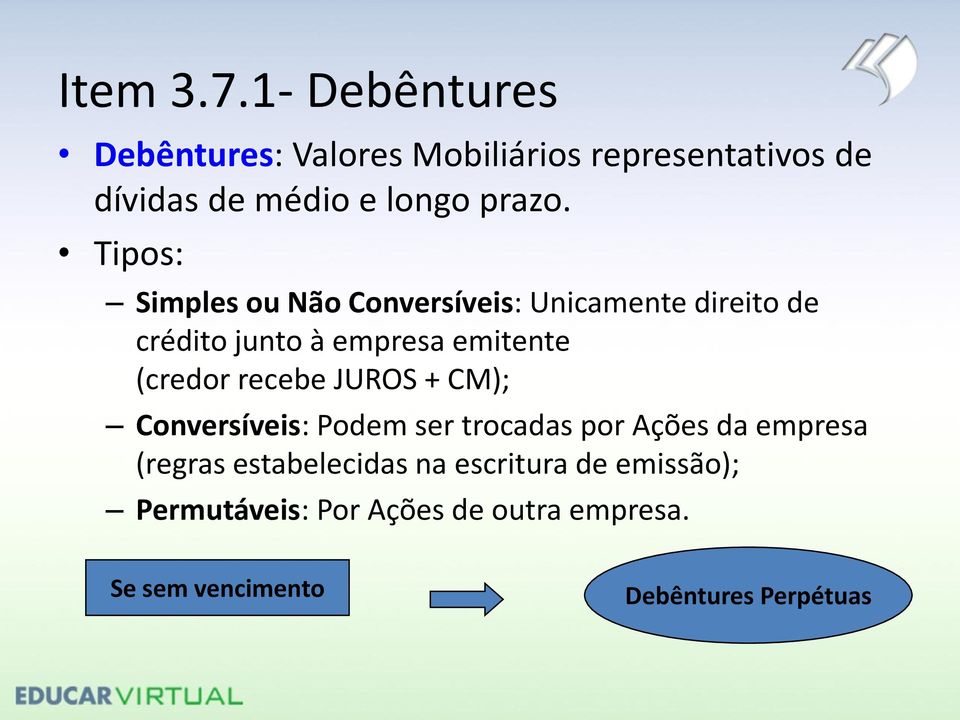 Tipos: Simples ou Não Conversíveis: Unicamente direito de crédito junto à empresa emitente (credor