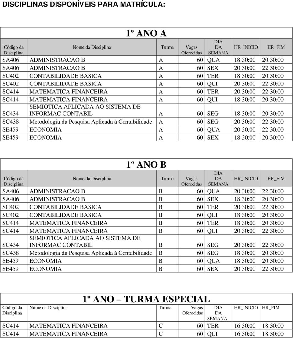 APLICA AO SISTEMA DE INFORMAC CONTABIL A 60 SEG 18:30:00 20:30:00 SC438 Metodologia da Pesquisa Aplicada à Contabilidade A 60 SEG 20:30:00 22:30:00 SE459 ECONOMIA A 60 QUA 20:30:00 22:30:00 SE459