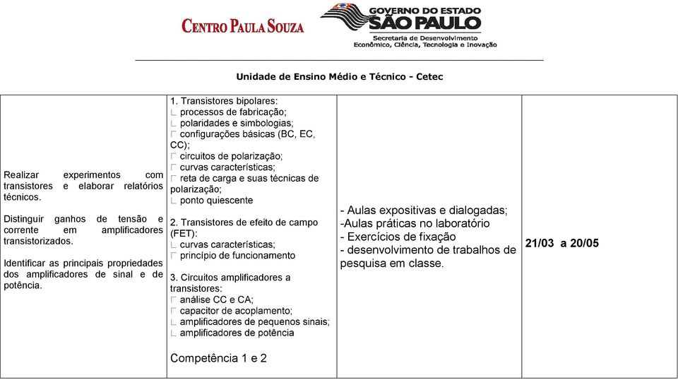 Identificar as principais propriedades dos amplificadores de sinal e de potência. polarização; 2. Transistores de efeito de campo (FET): 3.