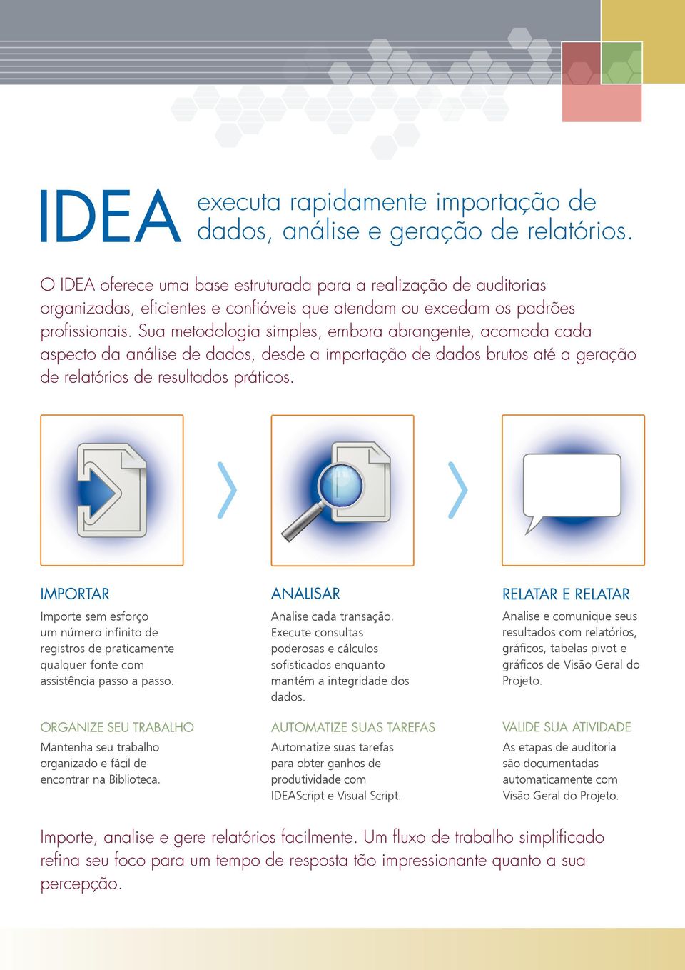 Sua metodologia simples, embora abrangente, acomoda cada aspecto da análise de dados, desde a importação de dados brutos até a geração de relatórios de resultados práticos.