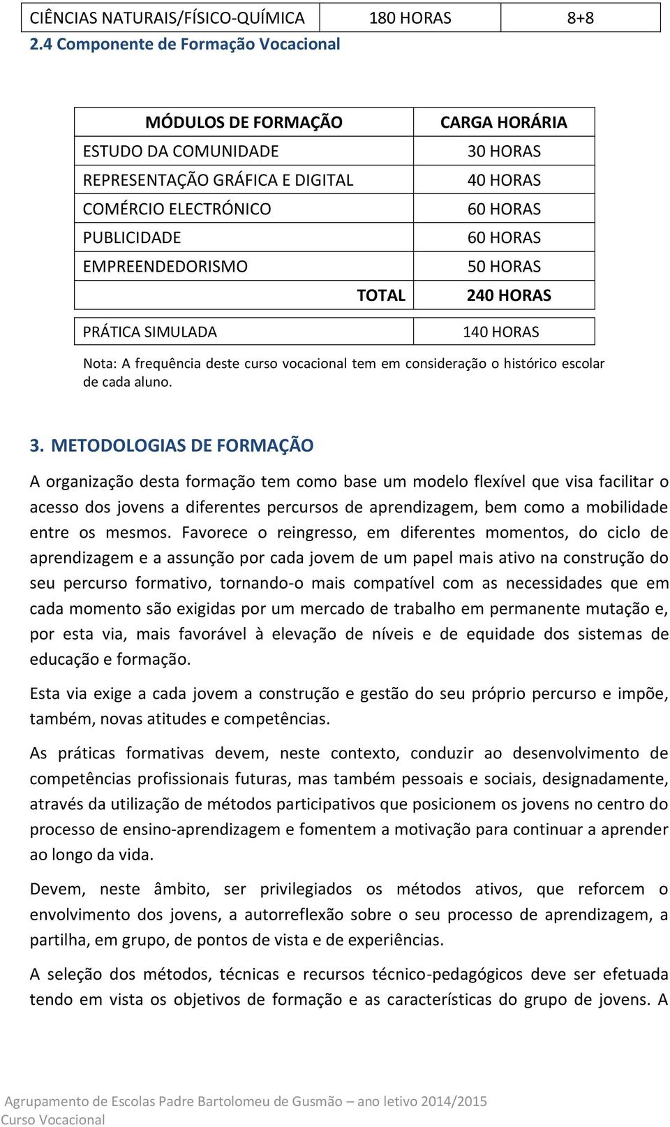 HORAS 40 HORAS 60 HORAS 60 HORAS 50 HORAS 240 HORAS 140 HORAS Nota: A frequência deste curso vocacional tem em consideração o histórico escolar de cada aluno. 3.