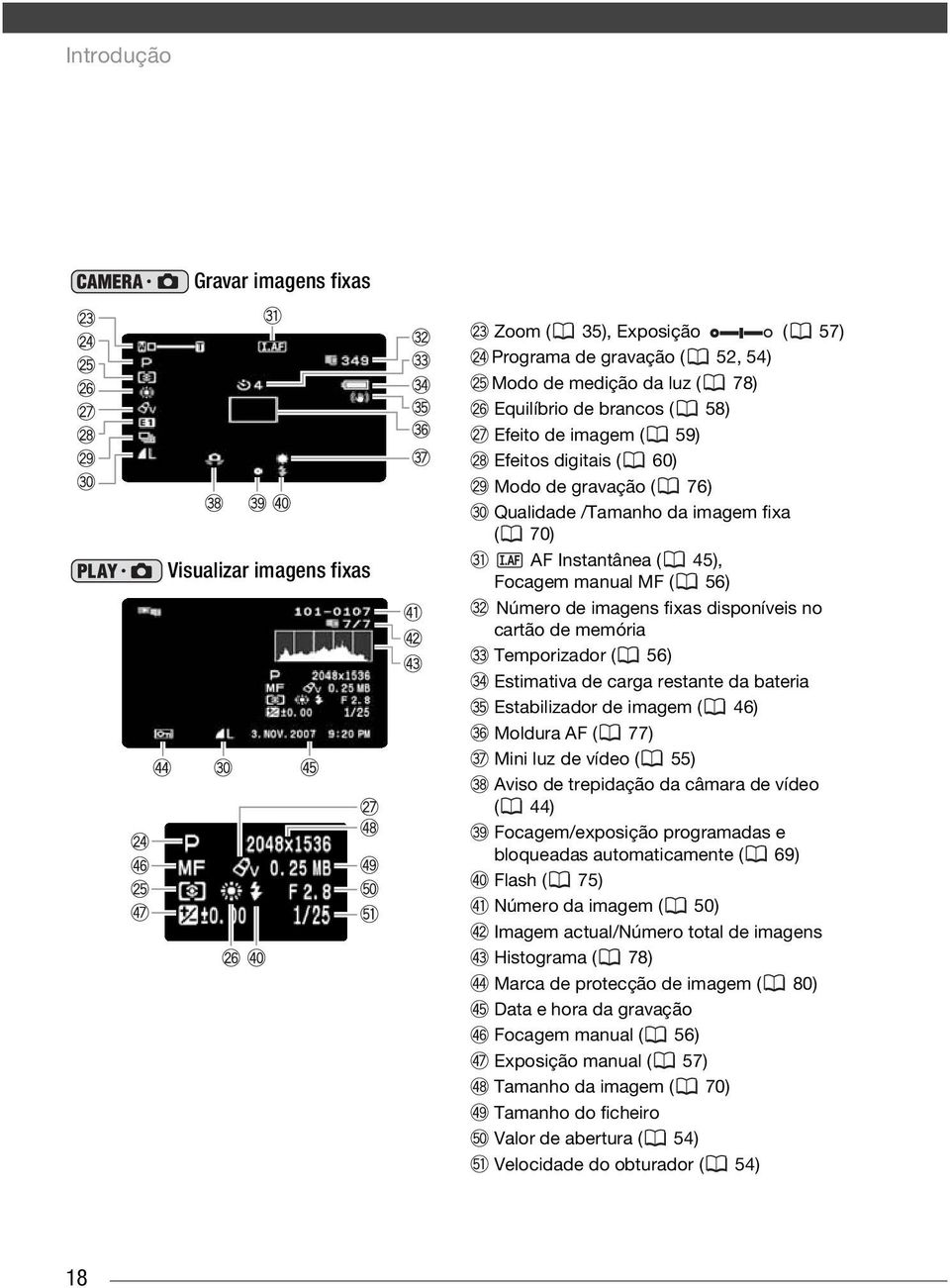 Temporizador ( 56) Estimativa de carga restante da bateria Estabilizador de imagem ( 46) Moldura AF ( 77) Mini luz de vídeo ( 55) Aviso de trepidação da câmara de vídeo ( 44) Focagem/exposição